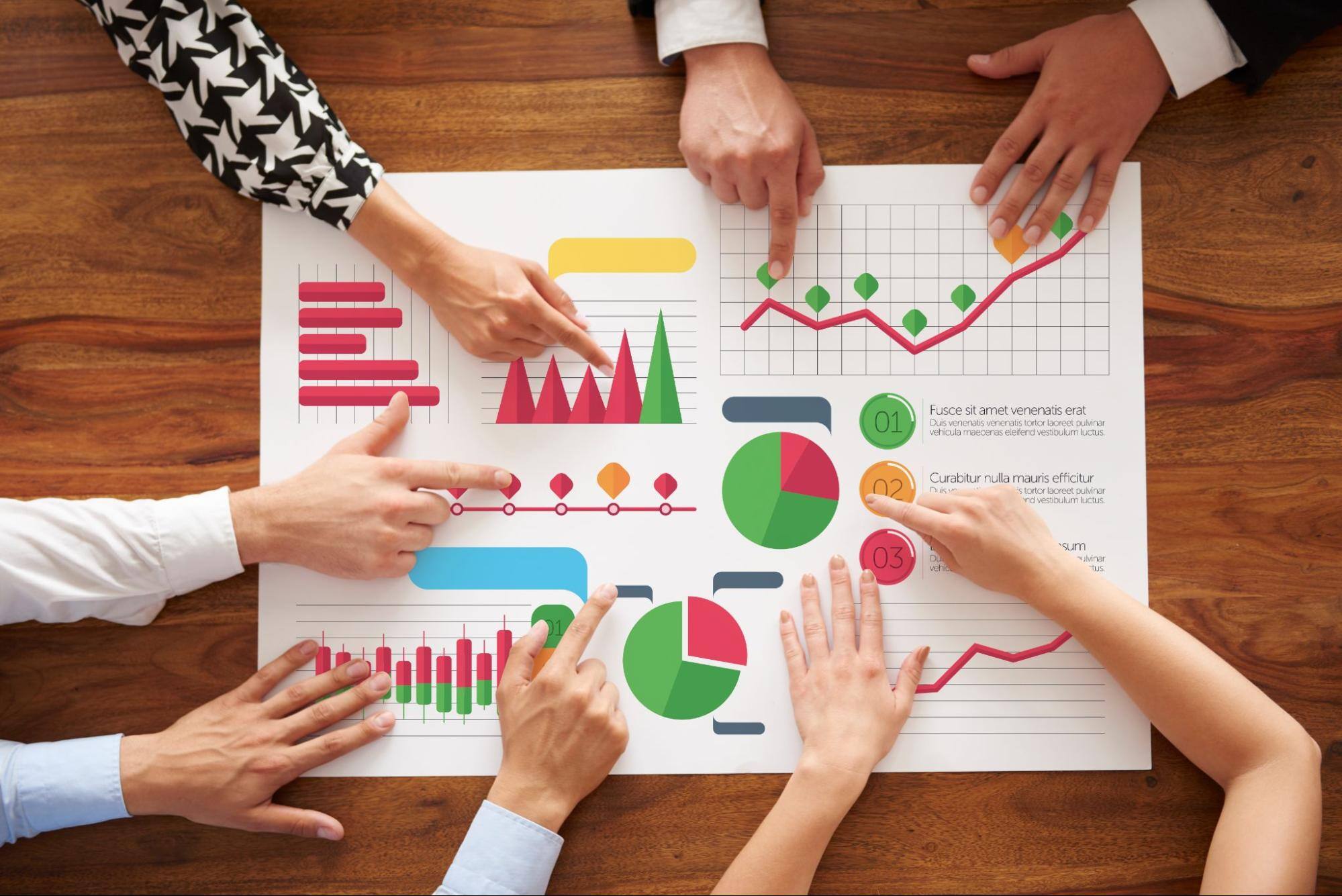 View from above a large paper with charts and graphs with four people pointing at various graphics.