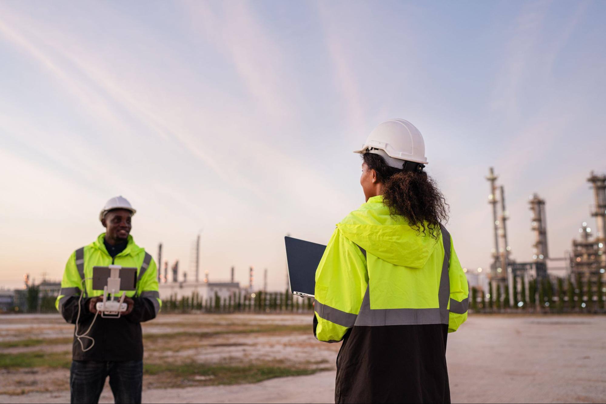 Man and a woman in hard hats and using computers. 